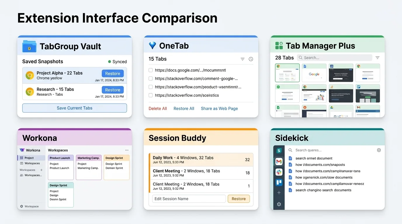 Screenshots showing the user interface of each extension's main panel or popup