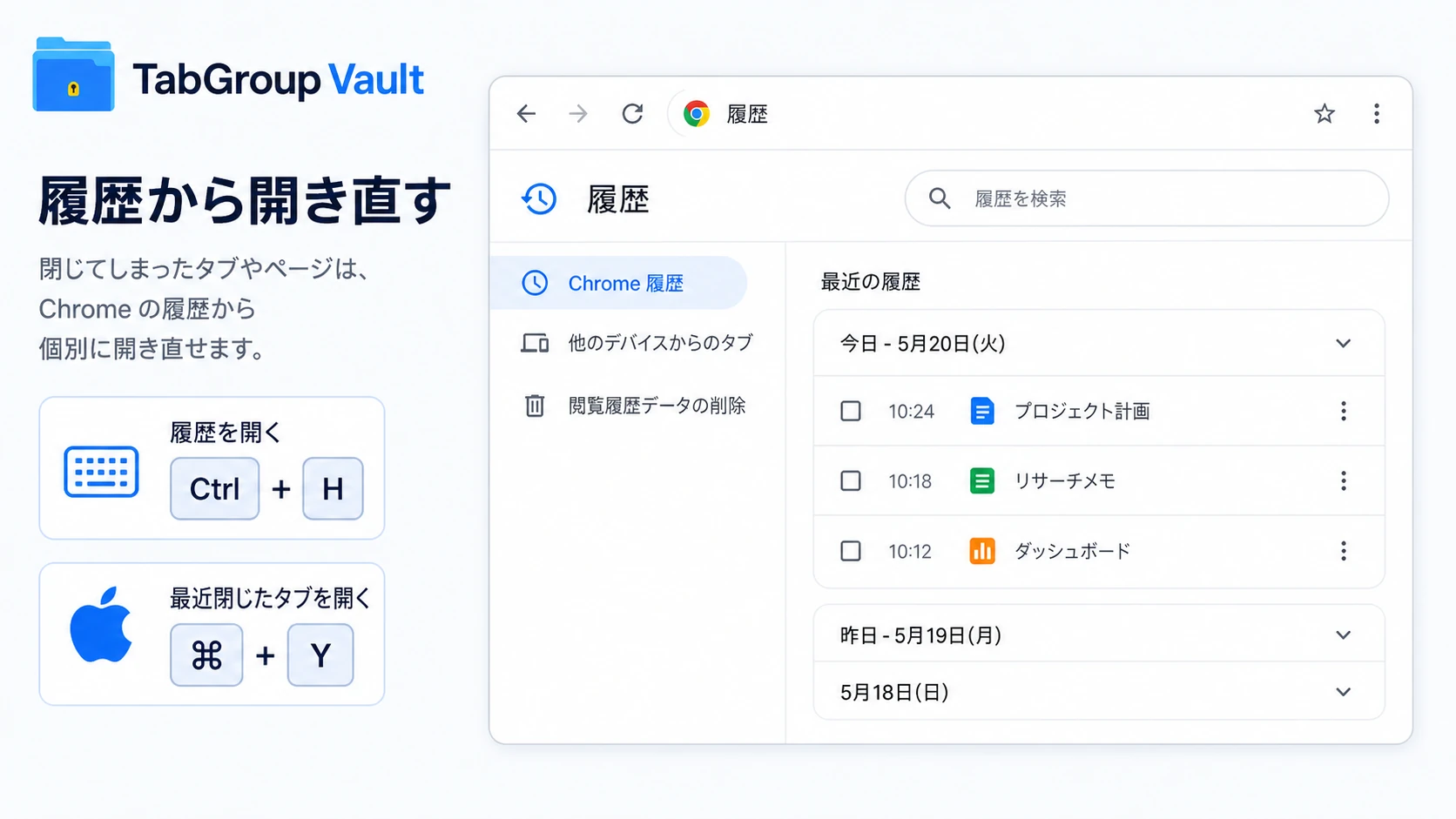 Chrome の履歴から閉じたタブを探す画面