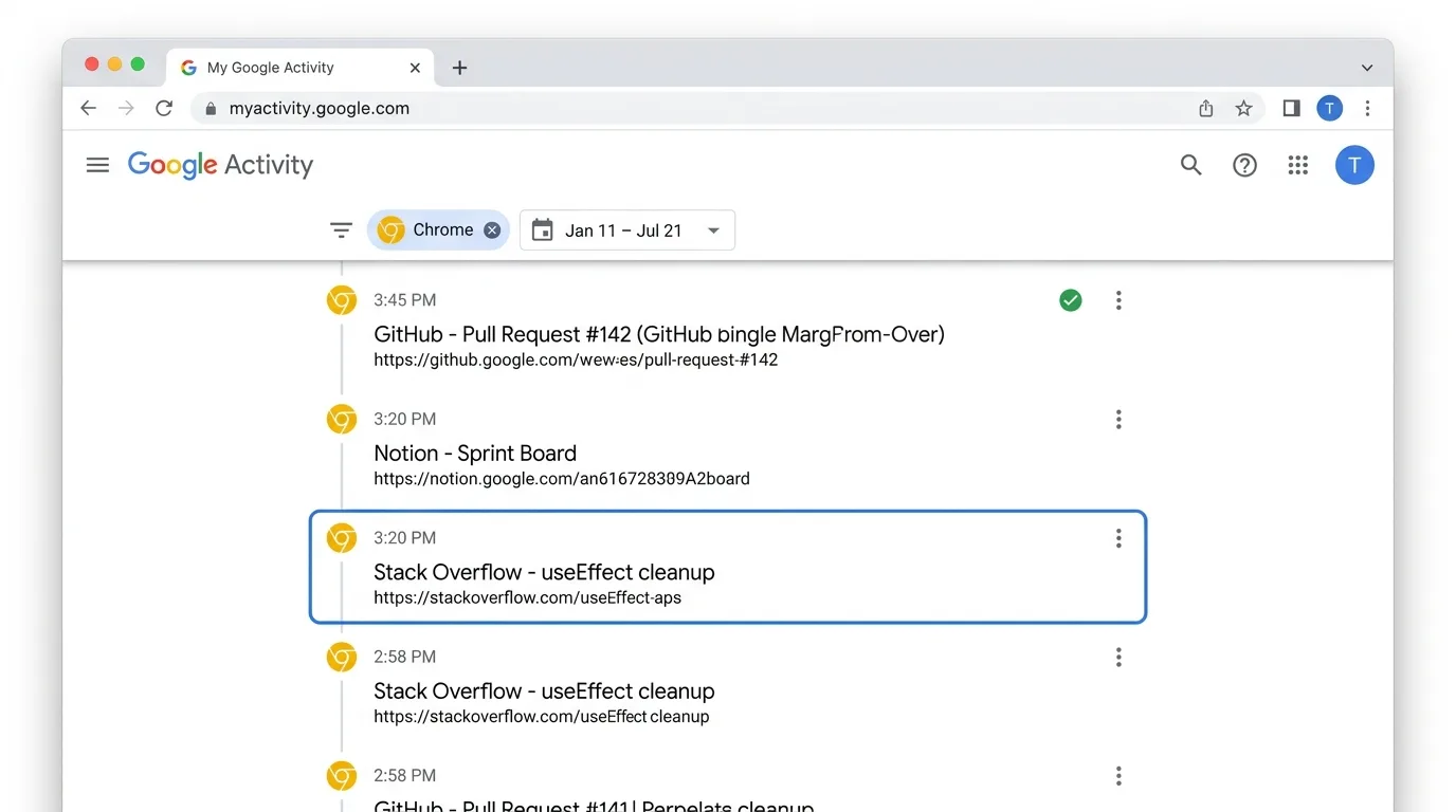 Google My Activity page filtered to Chrome browsing history with timestamped entries