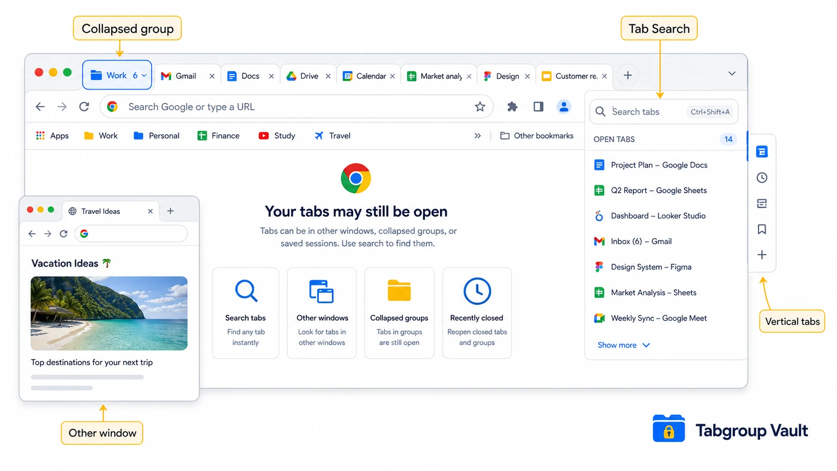 A Chrome window showing crowded tabs, a collapsed tab group, Tab Search, and vertical tabs as visibility checks.