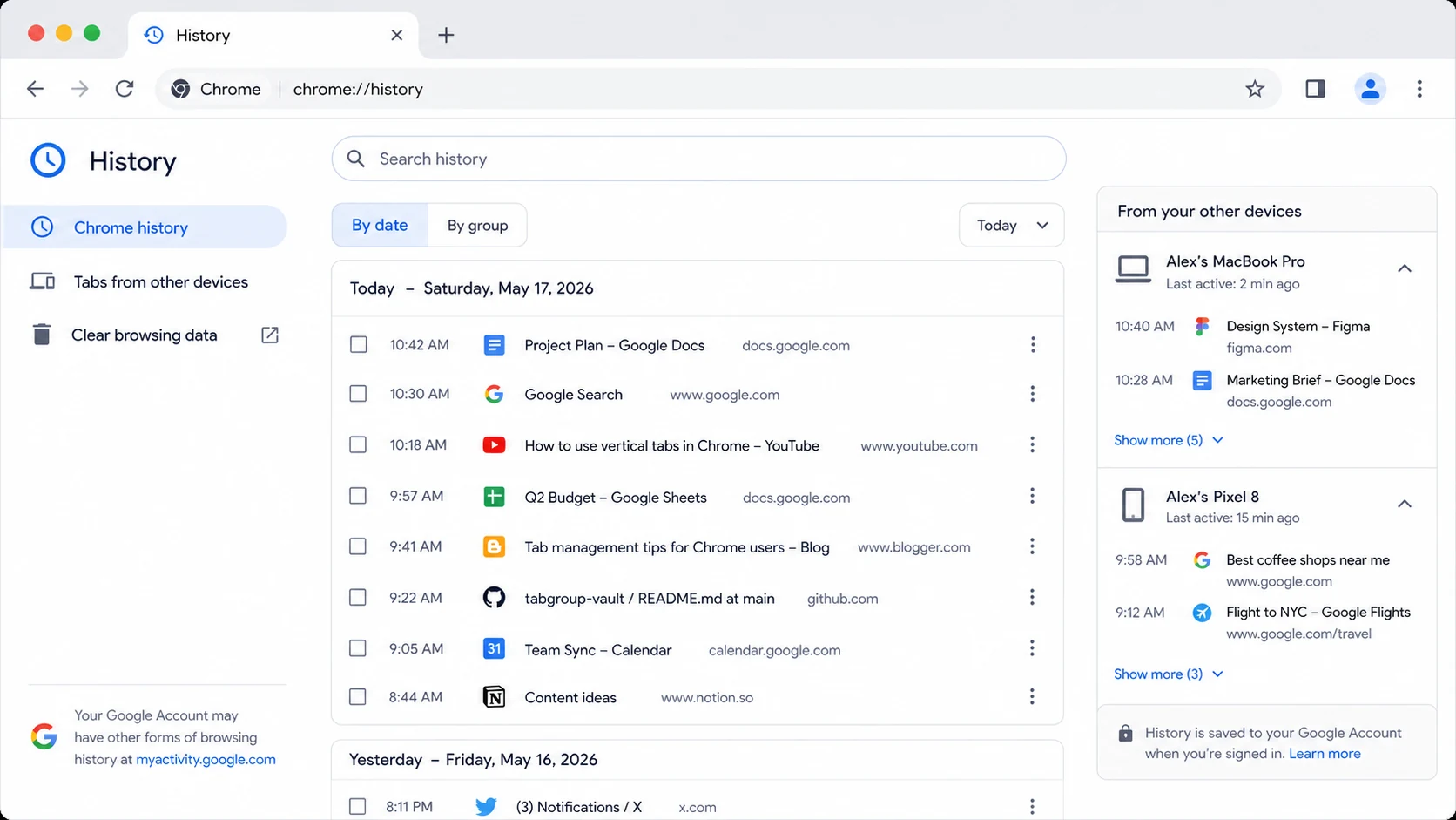 A clean Chrome History search screen with recently visited pages and a search box.