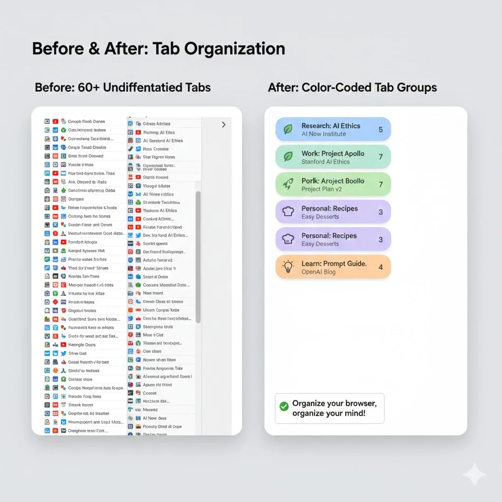 Before/after: 200 tabs consuming 8GB RAM vs organized groups