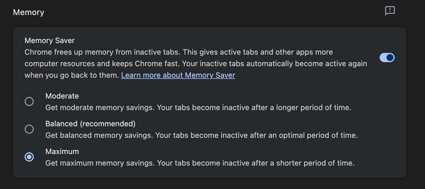 Chrome Settings Memory Saver section with Moderate, Balanced and Maximum levels