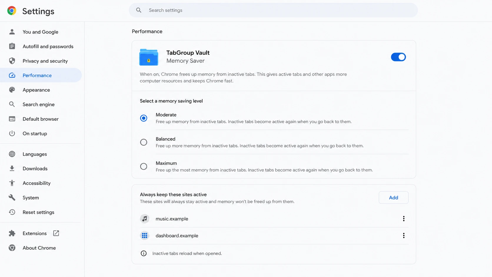 Mockup for Chrome Settings > Performance. Show a Memory Saver panel with three selectable levels labeled Moderate, Balanced, and Maximum, plus an 'Always keep these sites active' l