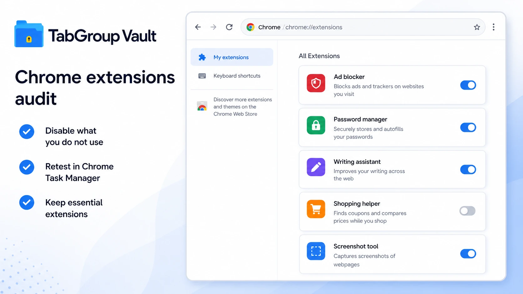Illustration. Show chrome://extensions with several generic extension cards labeled 'Ad blocker', 'Password manager', 'Writing assistant', 'Shopping helper', and 'Screenshot tool'.