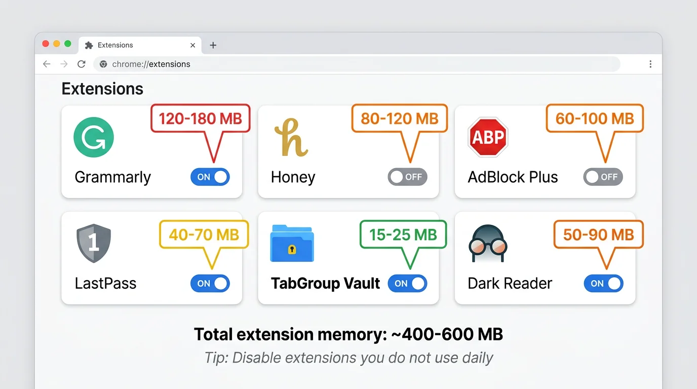 Annotated screenshot showing the extensions page with typical memory usage ranges for common extension types