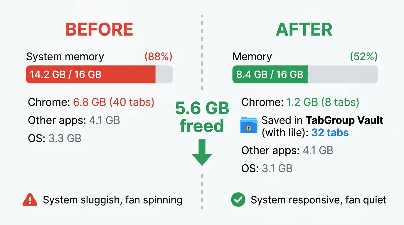 Side-by-side comparison showing system memory usage with 40 tabs open vs. tabs saved to TabGroup Vault and closed