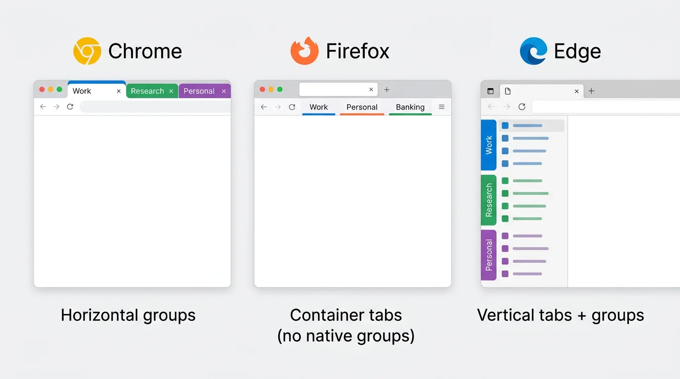Side-by-side screenshots of Chrome tab groups, Firefox container tabs, and Edge tab groups with vertical tab sidebar