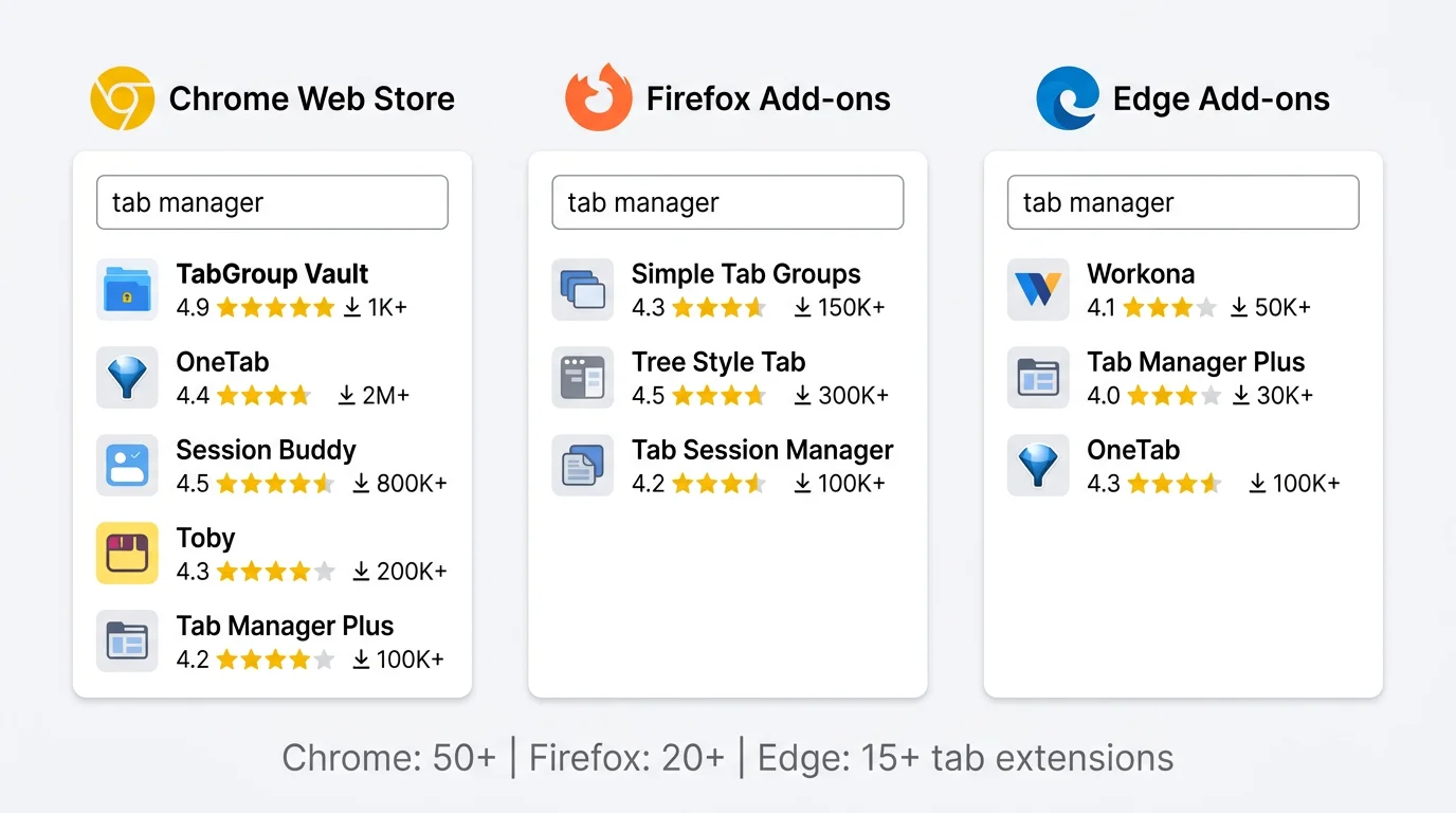 Side-by-side screenshots of tab management extension search results in Chrome Web Store, Firefox Add-ons, and Edge Add-ons