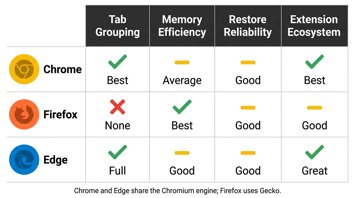 Visual summary grid showing each browser's strengths across tab grouping, memory, restore reliability, and extension ecosystem
