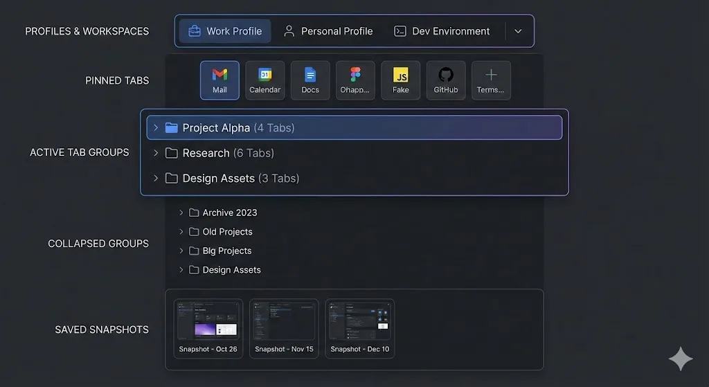 Complete workspace: Pinned tabs, tab groups, extensions