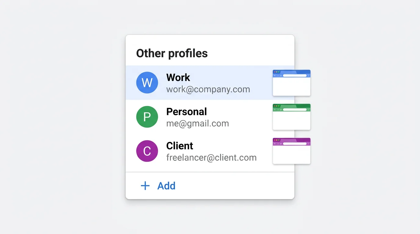 Screenshot showing Chrome's profile switcher with Work, Personal, and Client profiles each with distinct color themes