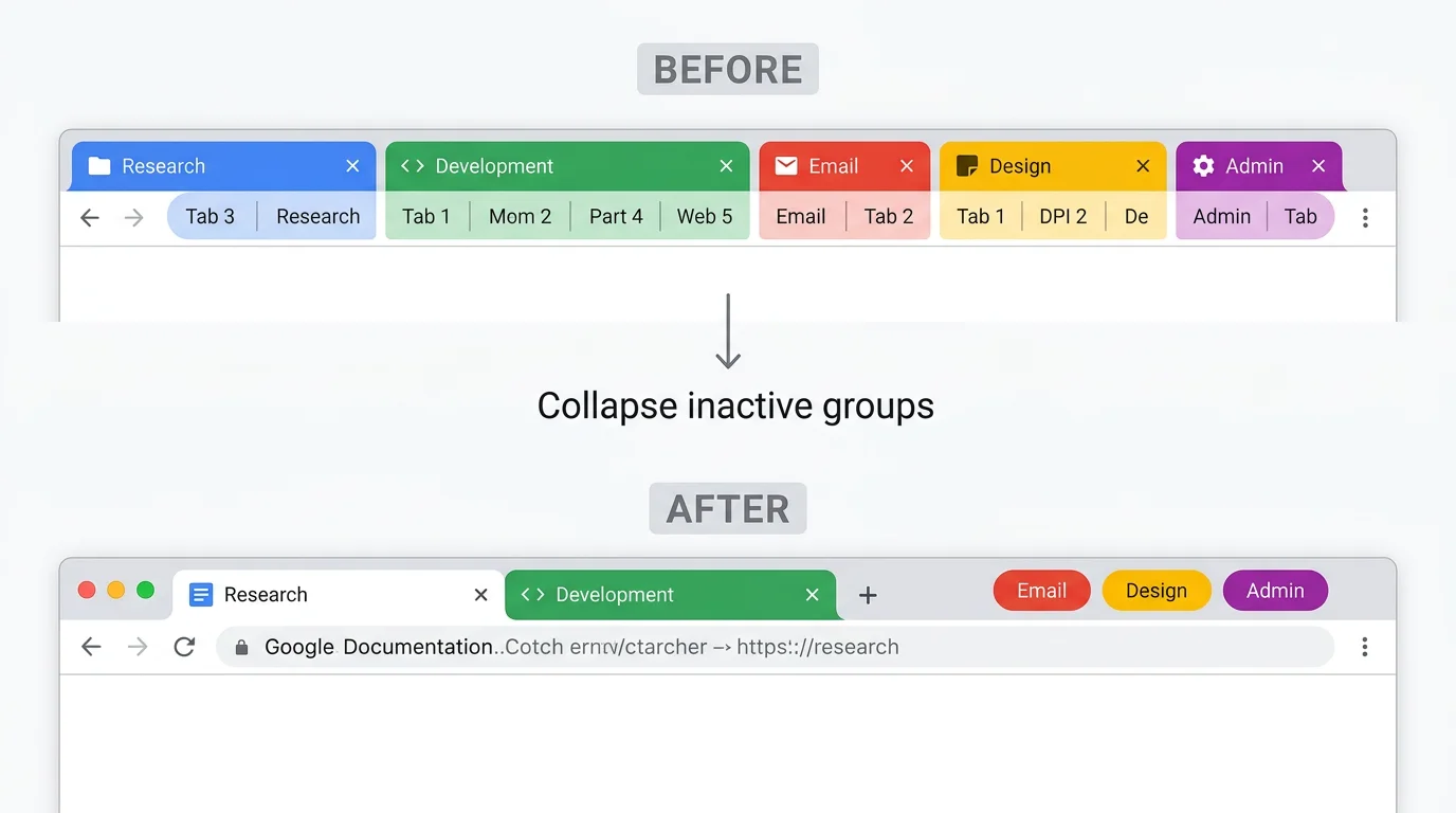 Before and after comparison showing a tab bar with 5 expanded groups versus the same groups with 3 collapsed