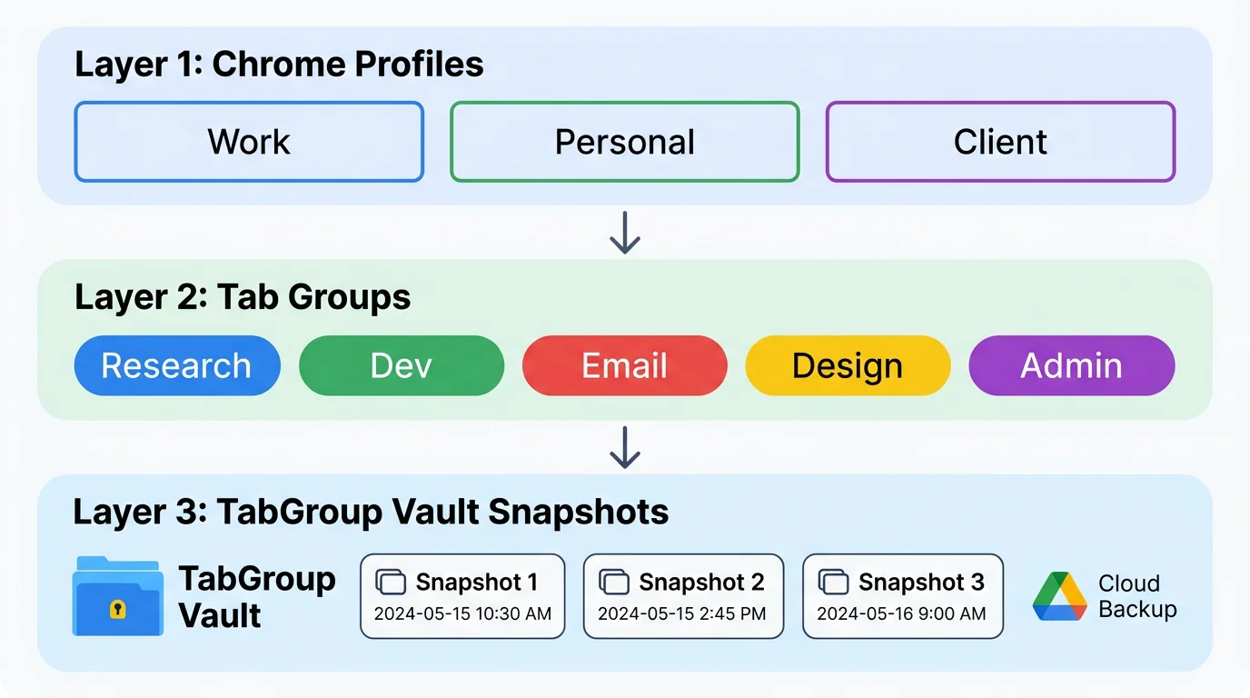 Three-layer diagram showing Profiles at the top, Tab Groups in the middle, and TabGroup Vault Snapshots at the bottom