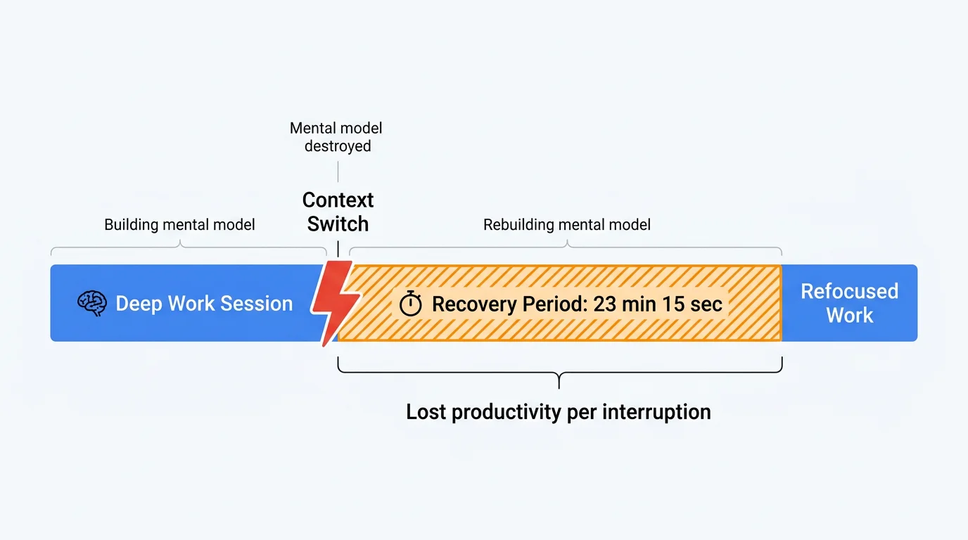 Timeline showing a deep work session interrupted by a context switch, with the 23-minute recovery period highlighted