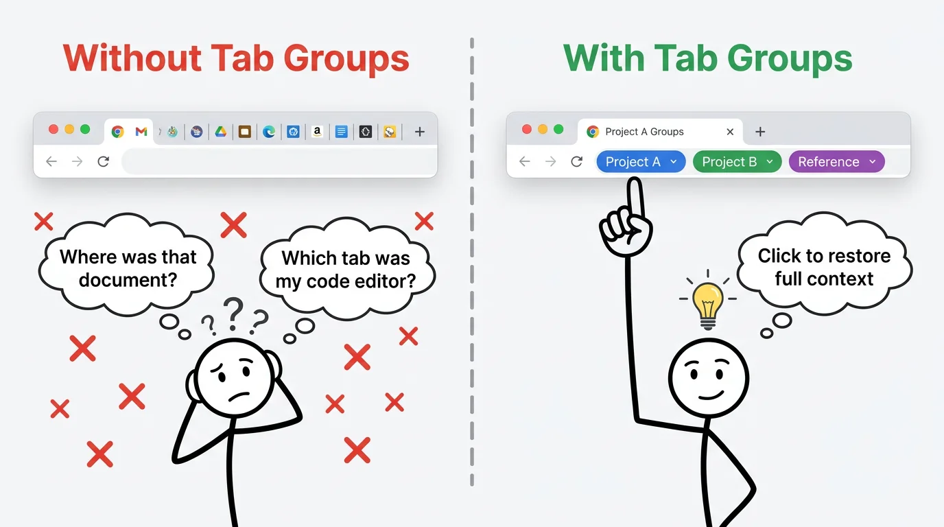 Illustration comparing context switching without tab groups (scattered tabs, lost context) vs. with tab groups (clean transition, preserved state)