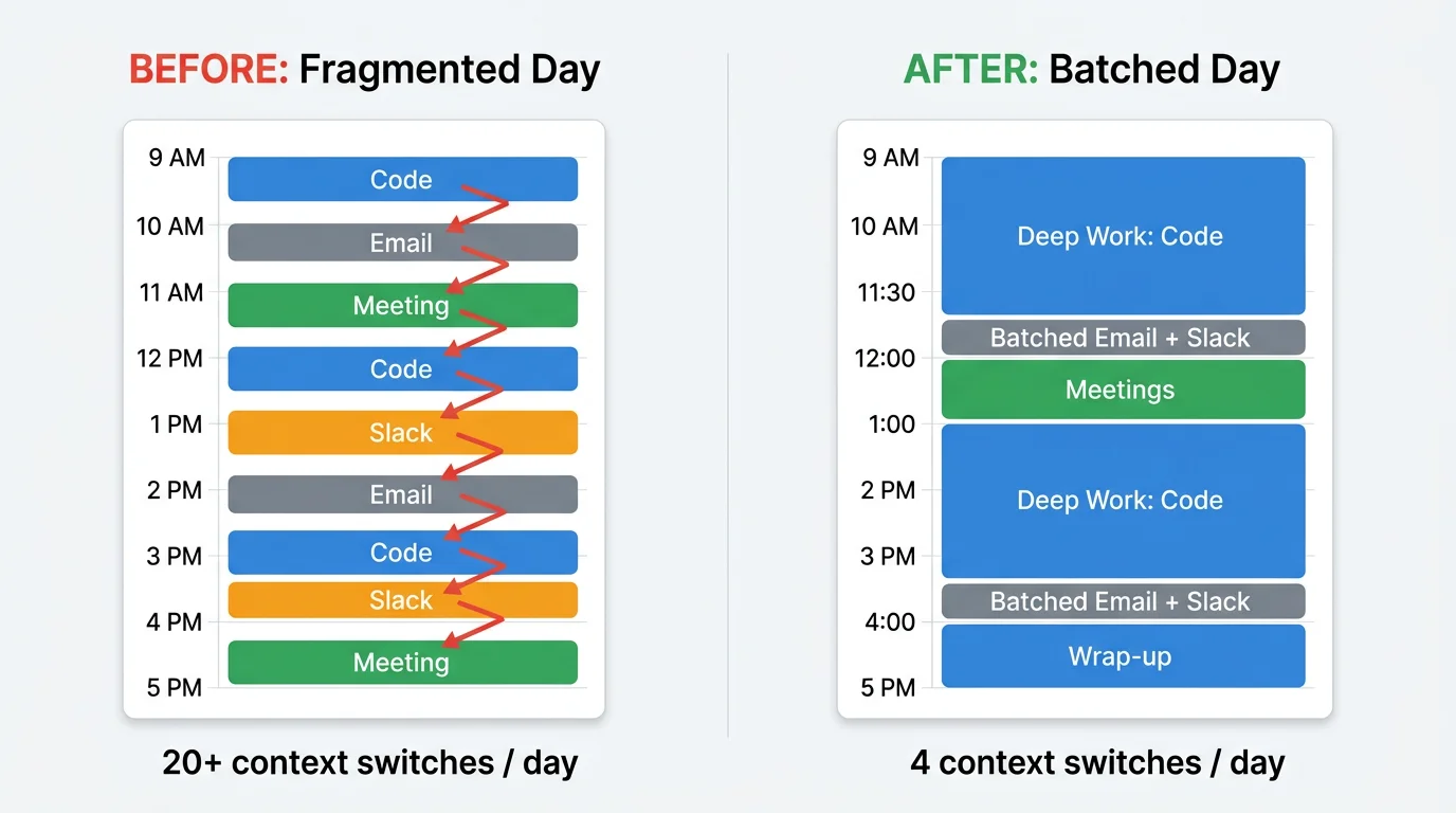 Before/after comparison showing a fragmented workday vs. a day with batched communication and deep work blocks