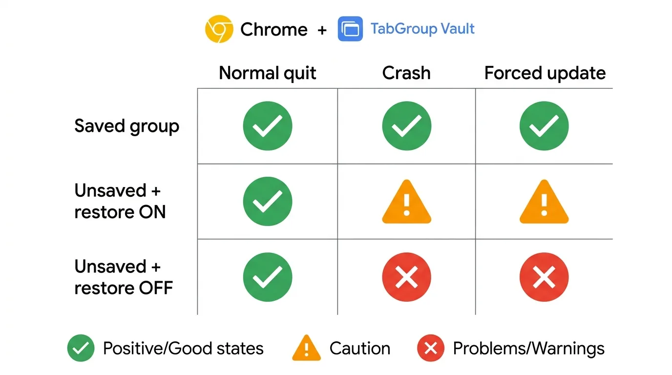 A 3x3 table. Columns: Normal quit, Crash, and Forced update. Rows: Saved group, Unsaved plus restore on, and Unsaved plus restore off. Cells use green checks, amber warnings, and red crosses to show which combinations survive.