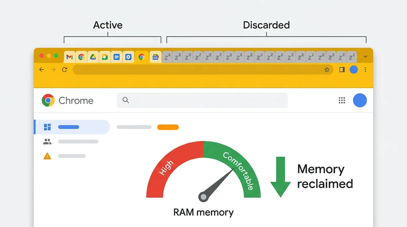 Illustration of Chrome Memory Saver in action. The top half shows 40 tabs with 10 active and 30 sleeping tabs marked by grayed-out favicons. The bottom half shows a RAM gauge dropping as inactive tabs are discarded and memory is freed.