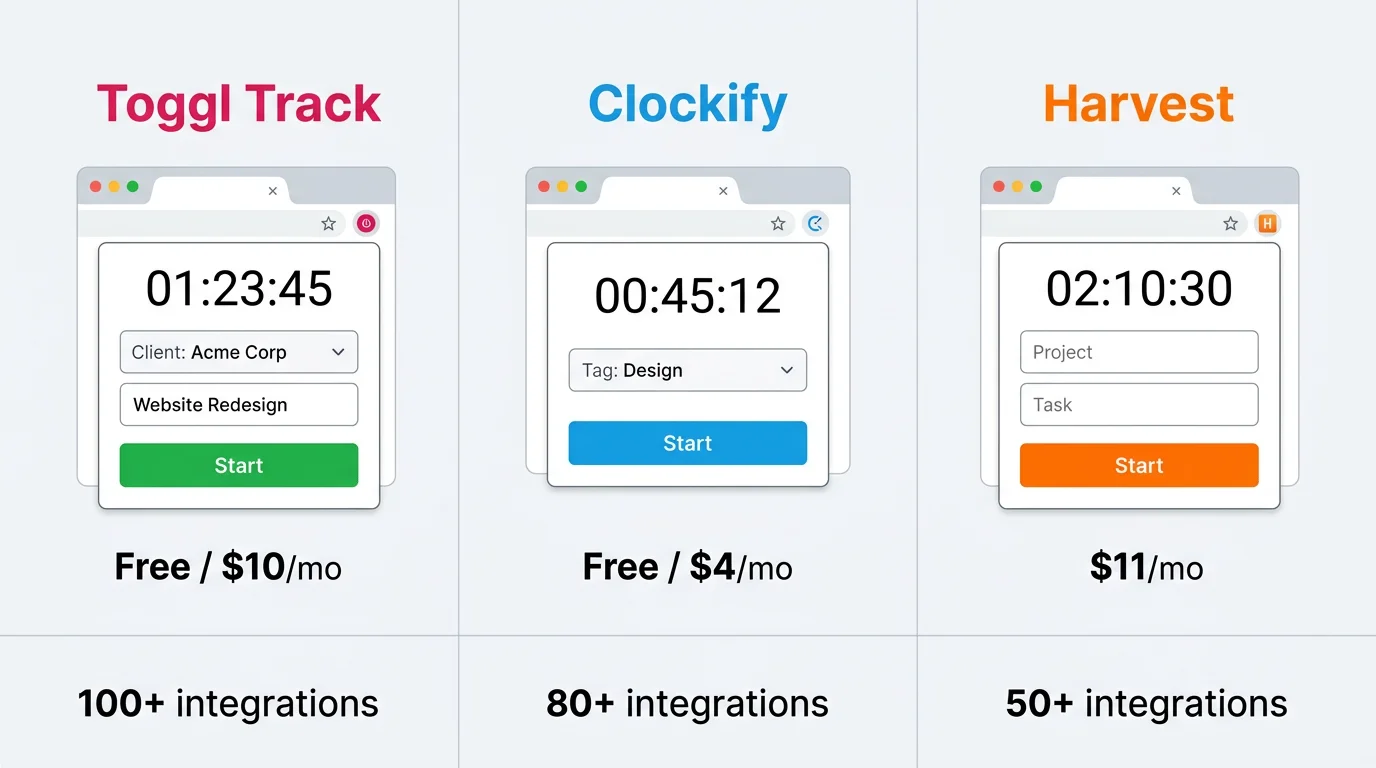 Side-by-side screenshots of Toggl, Clockify, and Harvest Chrome extensions in action