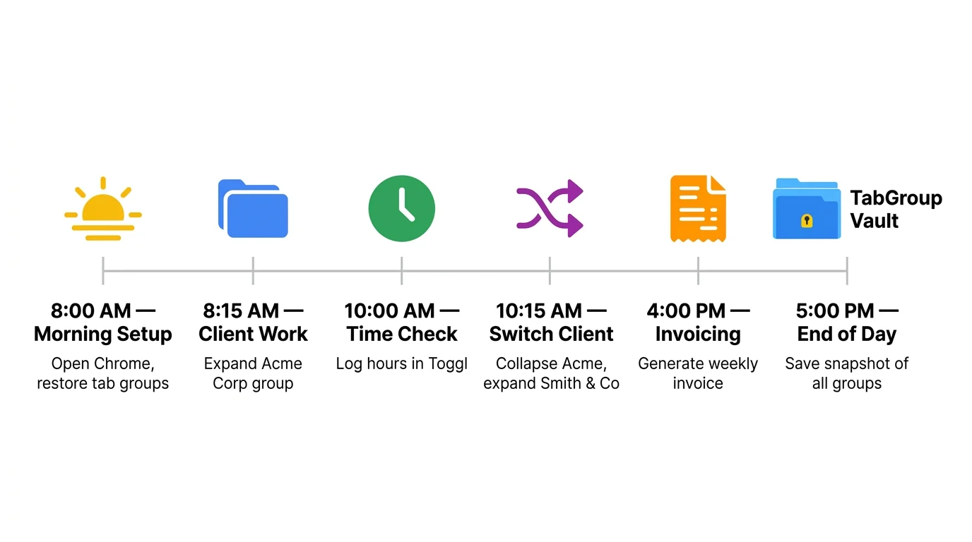 Visual timeline showing the daily workflow from morning setup to end-of-day snapshot, with tool icons at each step