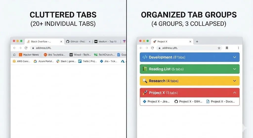 Same tabs organized into 4 color-coded groups