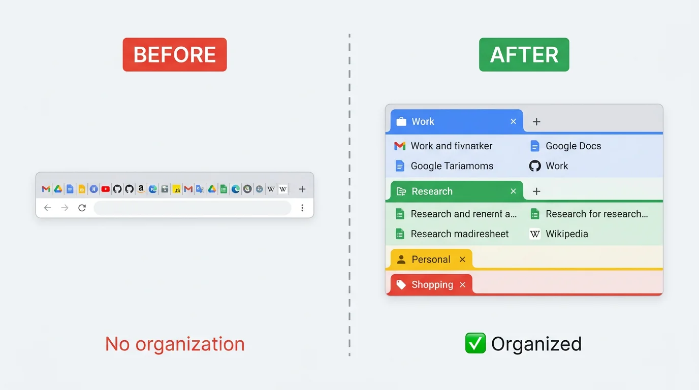 Split screenshot showing a chaotic Chrome tab bar versus the same tabs organized into color-coded groups