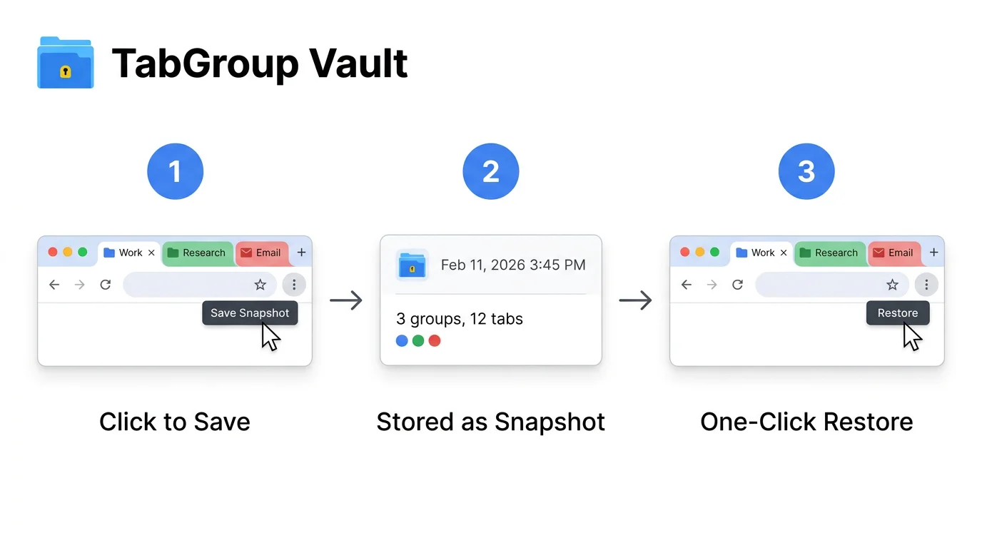 Three-step diagram: 1) Click to save tab groups, 2) Groups stored as snapshot, 3) One-click restore