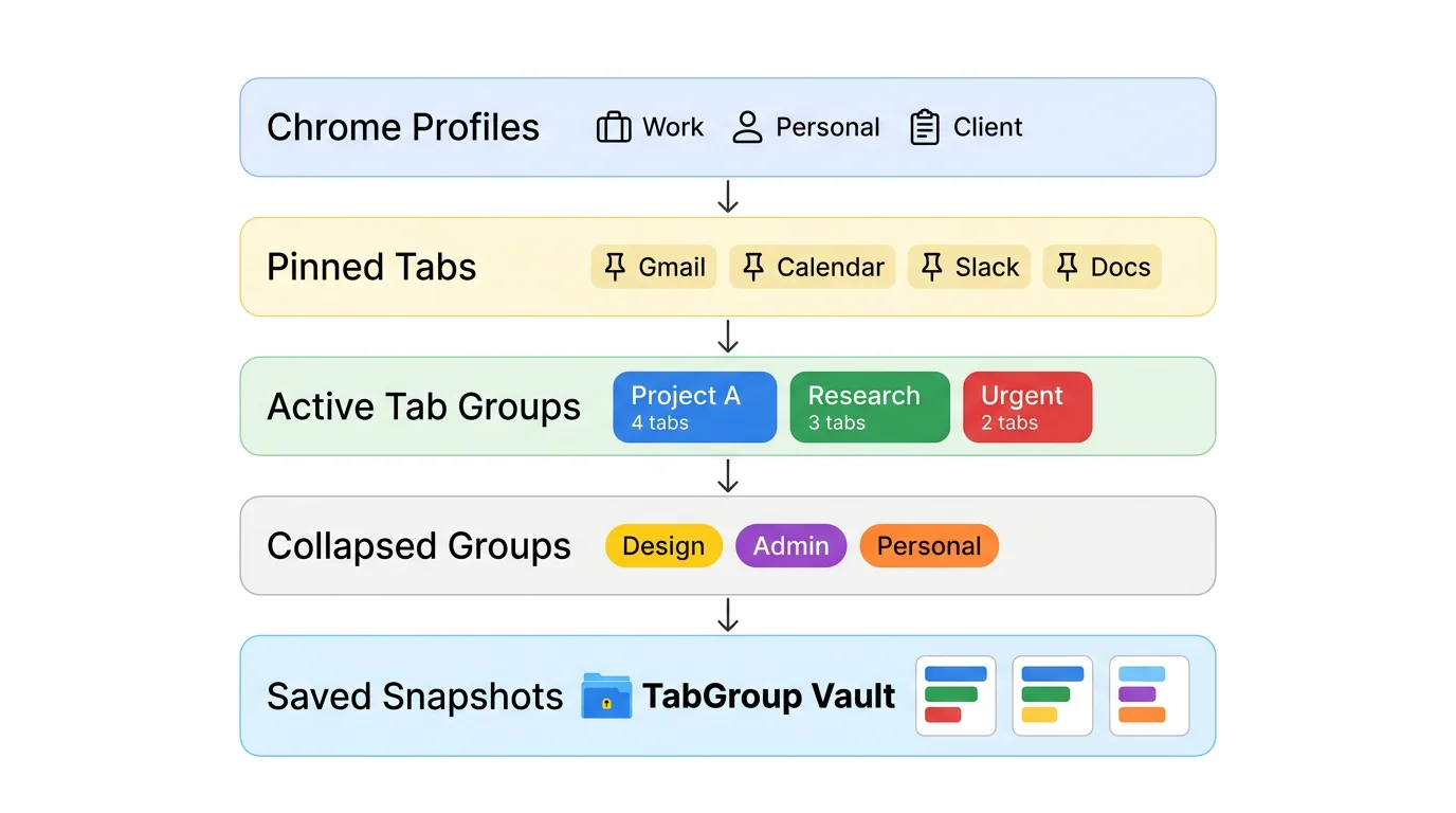 Layered diagram showing profiles at the top, pinned tabs, active tab groups, collapsed groups, and saved snapshots