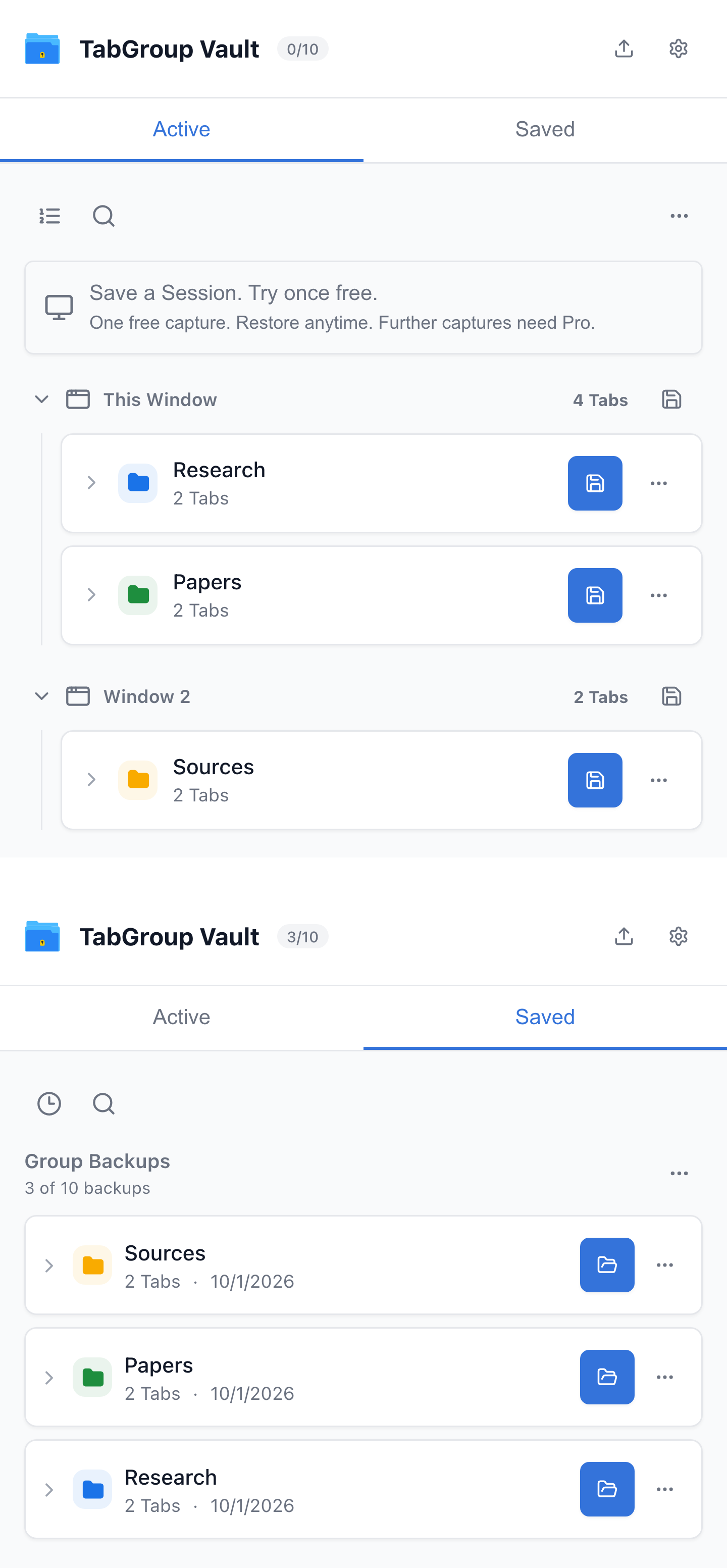 Active Groups above and saved Group backups below in TabGroup Vault.