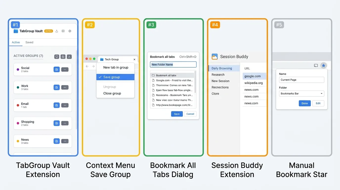 Side-by-side comparison of 5 methods to save tabs in Chrome