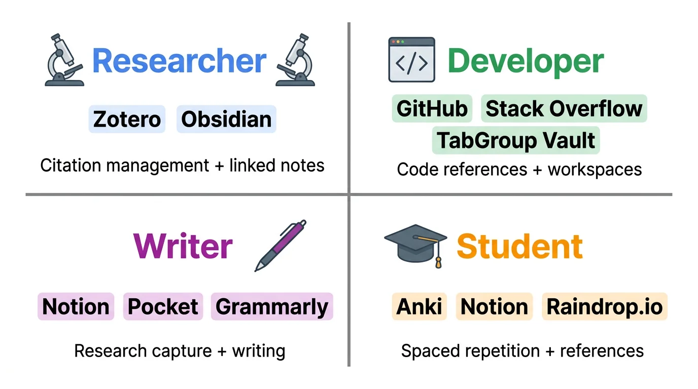 Four quadrant view showing researcher, developer, writer, and student second brain setups with tool emphasis highlighted for each role