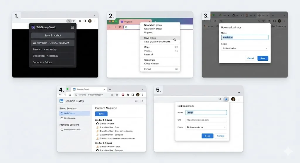 Grid showing 5 tab manager extensions with logos