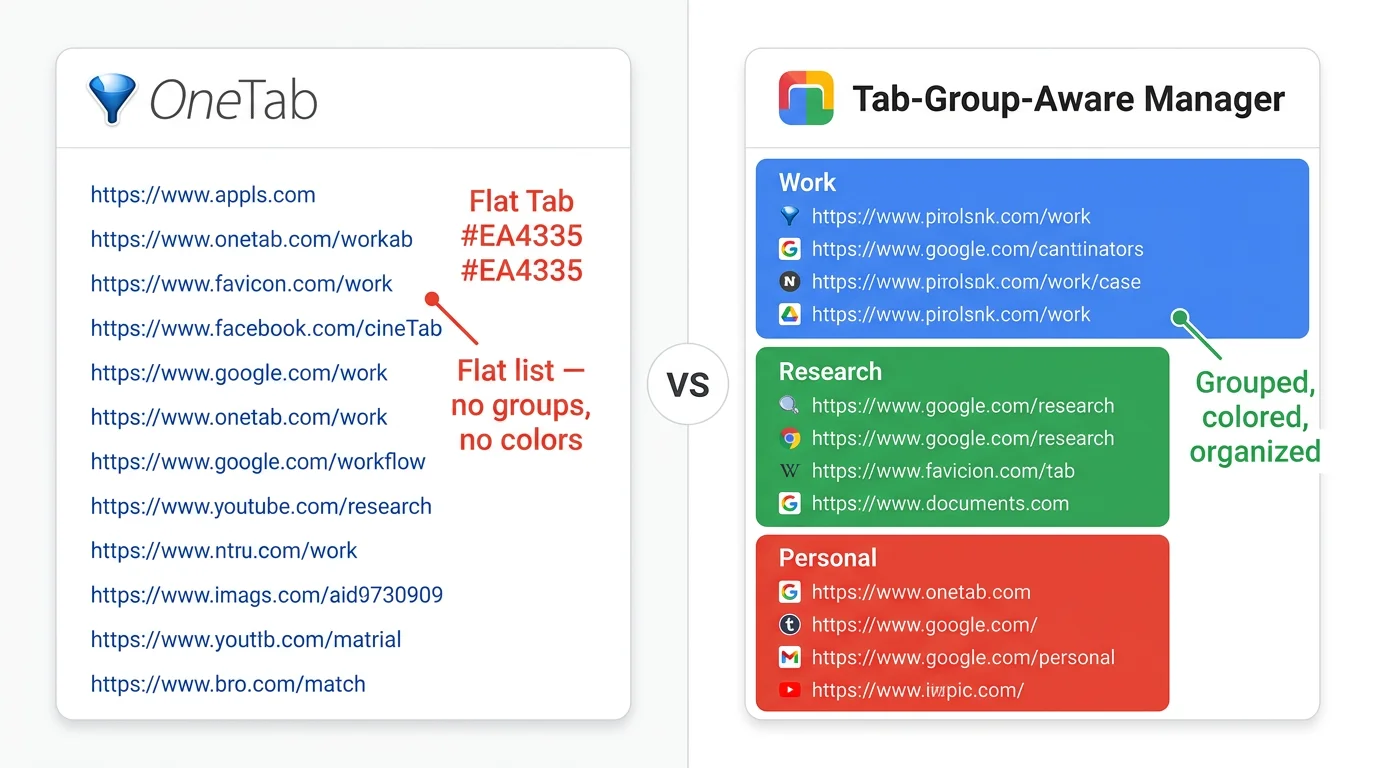 Side-by-side comparison showing OneTab's flat list view versus a tab-group-aware interface
