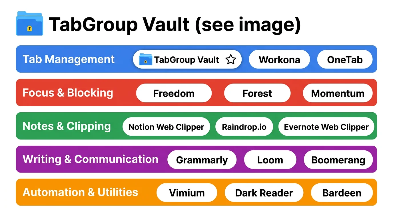 Overview graphic showing the 15 extensions organized by category with icons