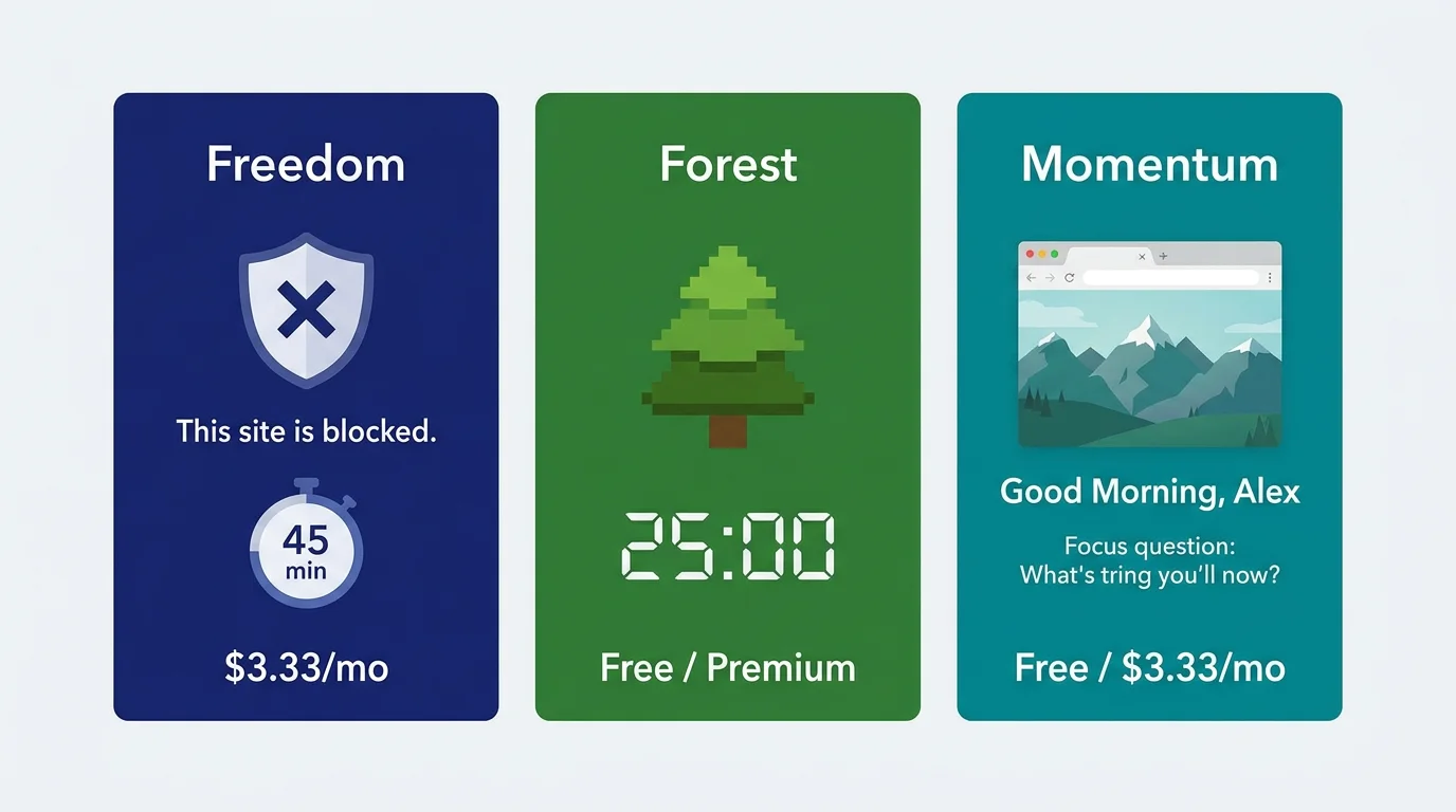 Side-by-side comparison of Freedom, Forest, and Momentum interfaces