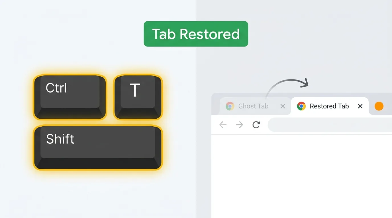 Hero illustration showing the Ctrl+Shift+T keyboard shortcut with an arrow bringing a closed tab back into the Chrome tab bar.