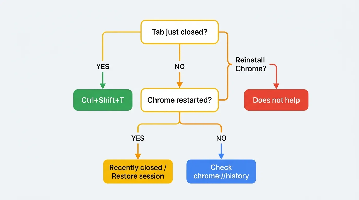 Flowchart of recovery steps. Tab closed just now leads to Ctrl+Shift+T. Chrome restarted leads to Recently closed or Restore session. Nothing there leads to History. Tab groups leads to Saved groups or snapshots. Dead ends note that reinstall does not help.
