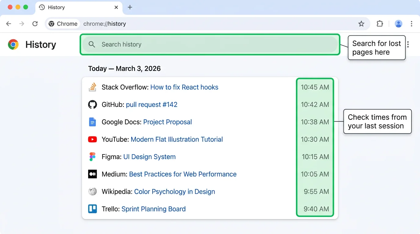 Screenshot of Chrome's History page showing time-stamped entries from the last session, with the search bar and individual page entries highlighted.