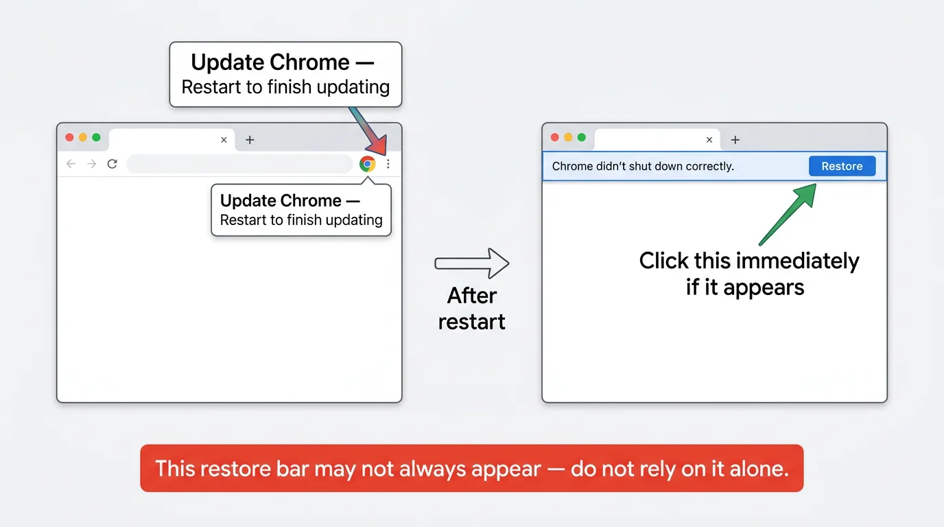 Screenshot showing Chrome's update restart notification and the session restore bar that sometimes appears after an update-triggered restart.