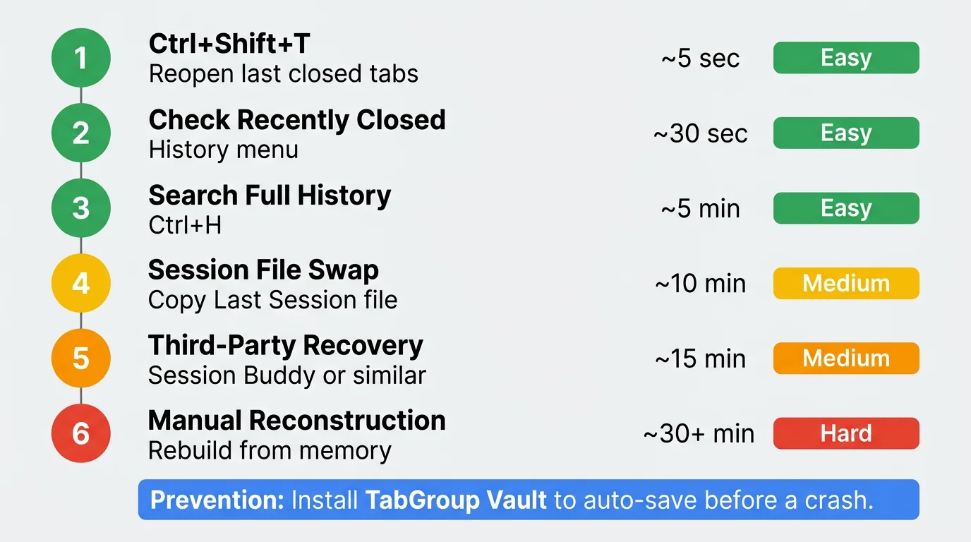 Visual checklist showing the 6 recovery steps in order with estimated time for each, color-coded by difficulty level: green for quick fixes, yellow for moderate effort, red for advanced methods.