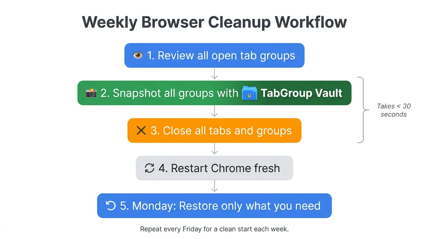 Visual flowchart showing the Friday cleanup process from snapshot to fresh browser start