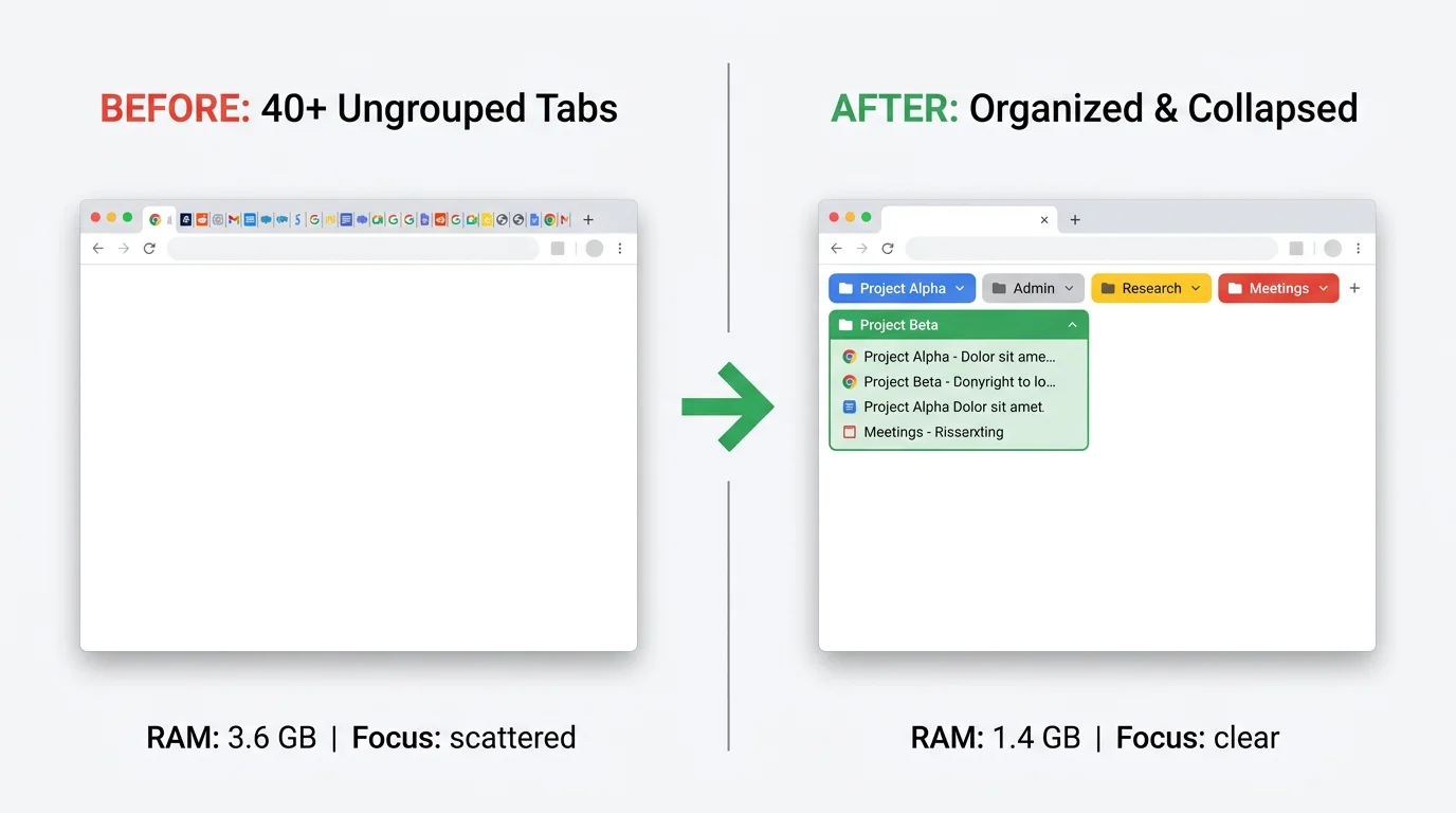 Side-by-side comparison of a cluttered browser with 40+ ungrouped tabs vs. an organized browser with collapsed tab groups