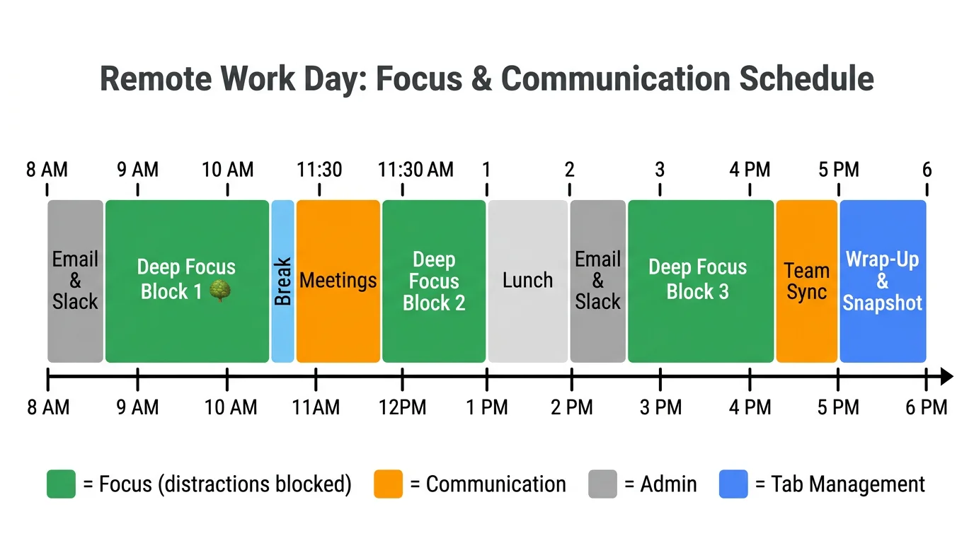 Diagram showing a typical remote work day with focus blocks, breaks, and communication windows
