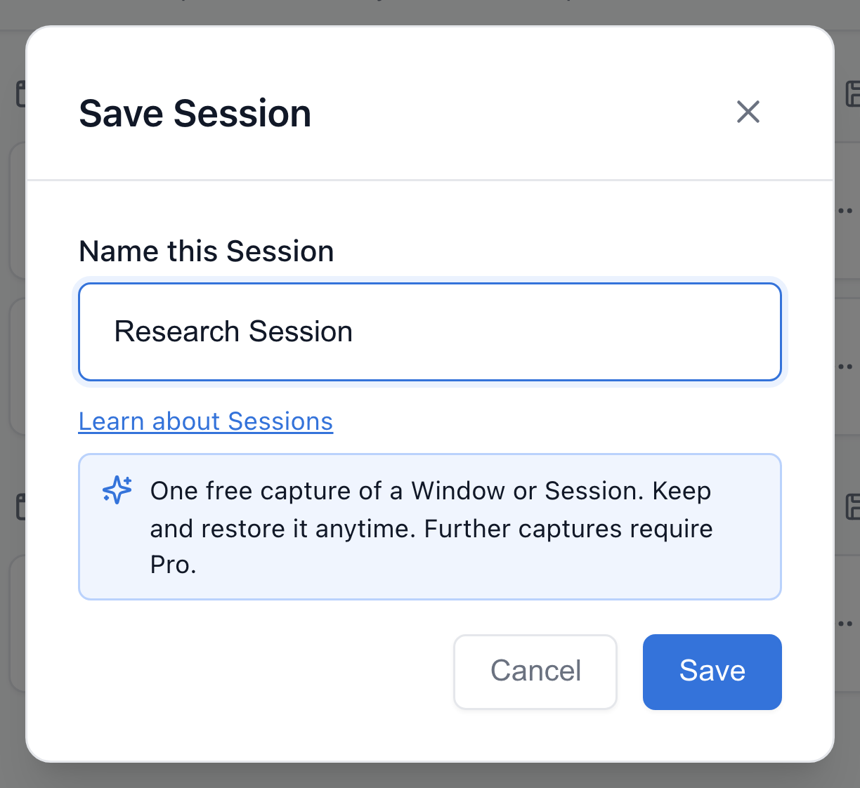 TabGroup Vault Save Session dialog with a Session name field and free capture notice.