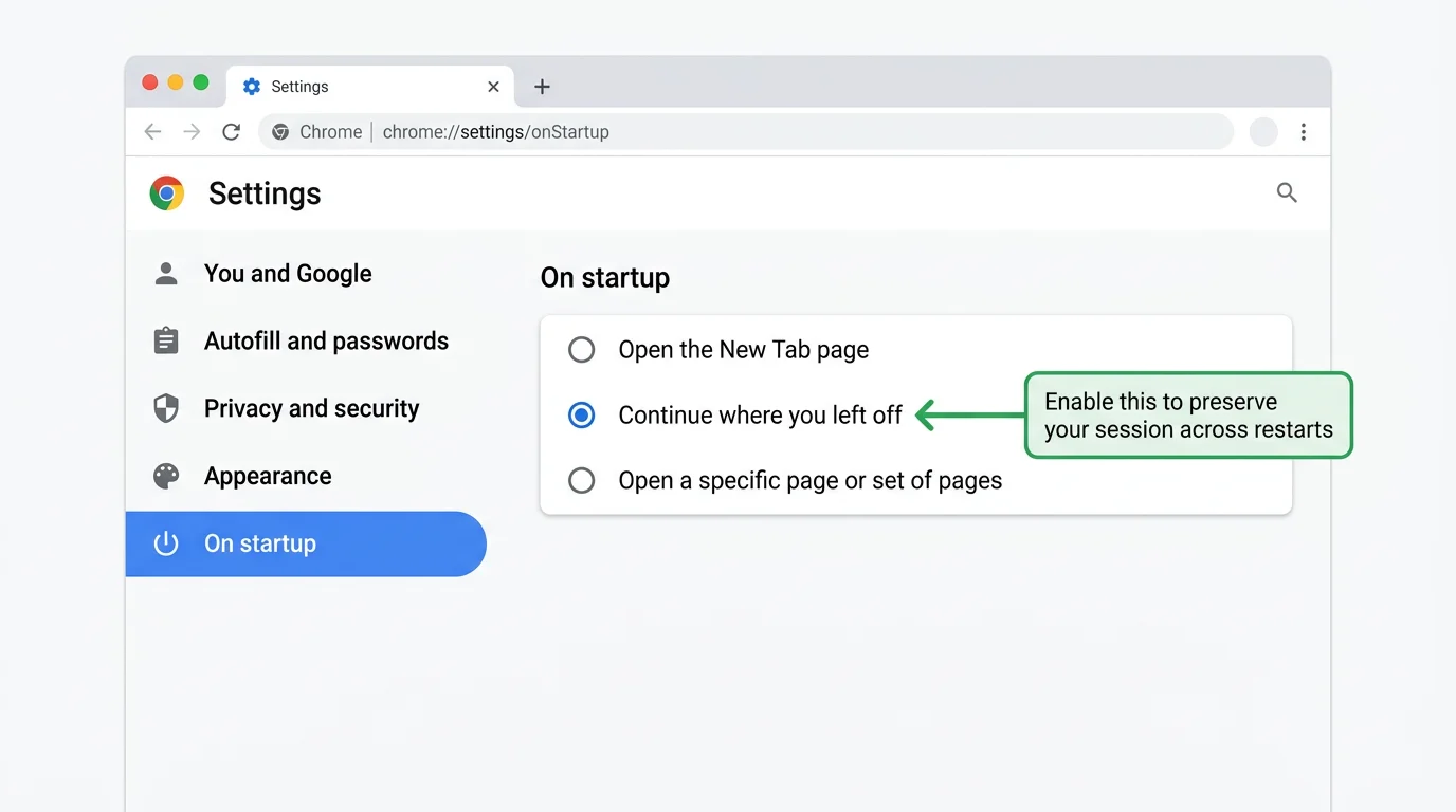 Screenshot of Chrome's On Startup settings page showing the three options: Open the New Tab page, Continue where you left off, and Open a specific page or set of pages.