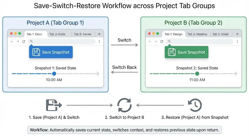 TabGroup Vault interface showing save snapshot button