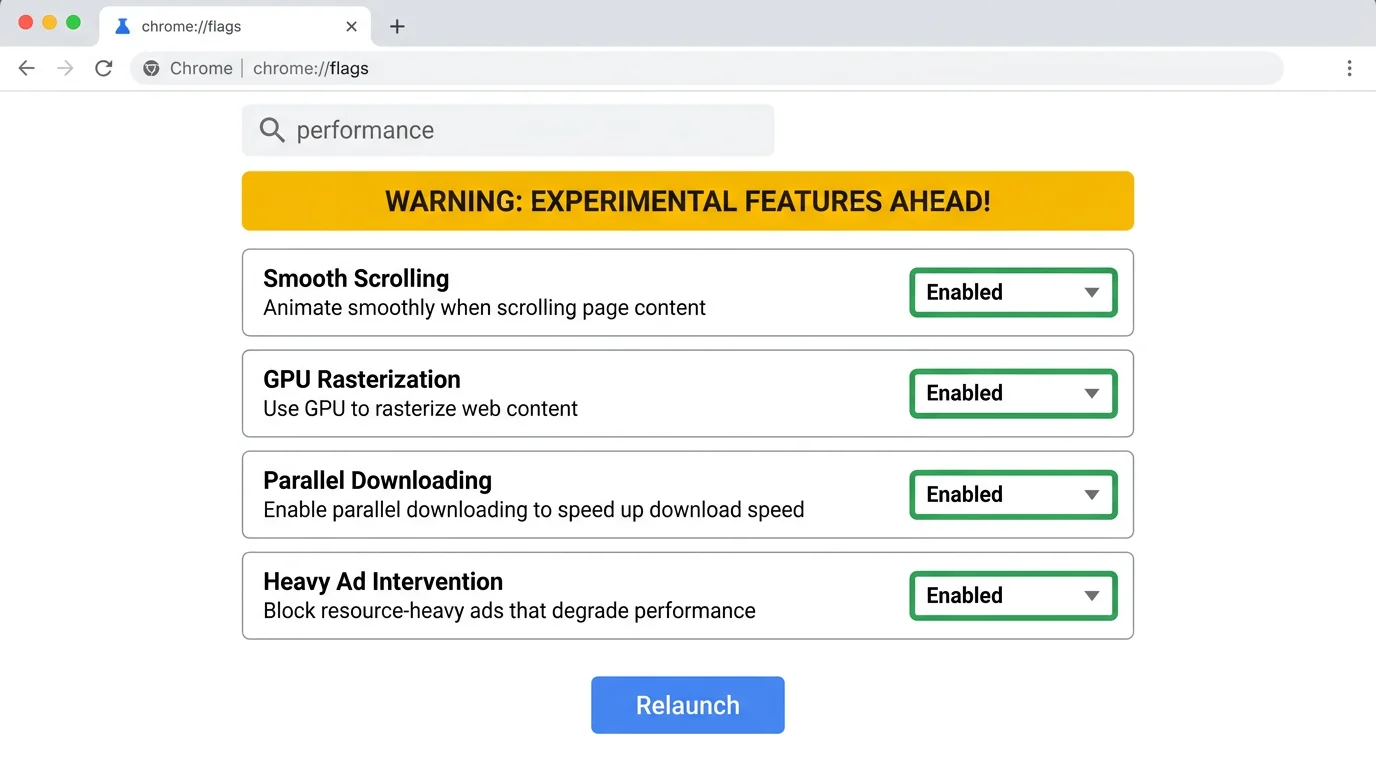 Screenshot of chrome://flags page with performance-related flags highlighted and their recommended settings