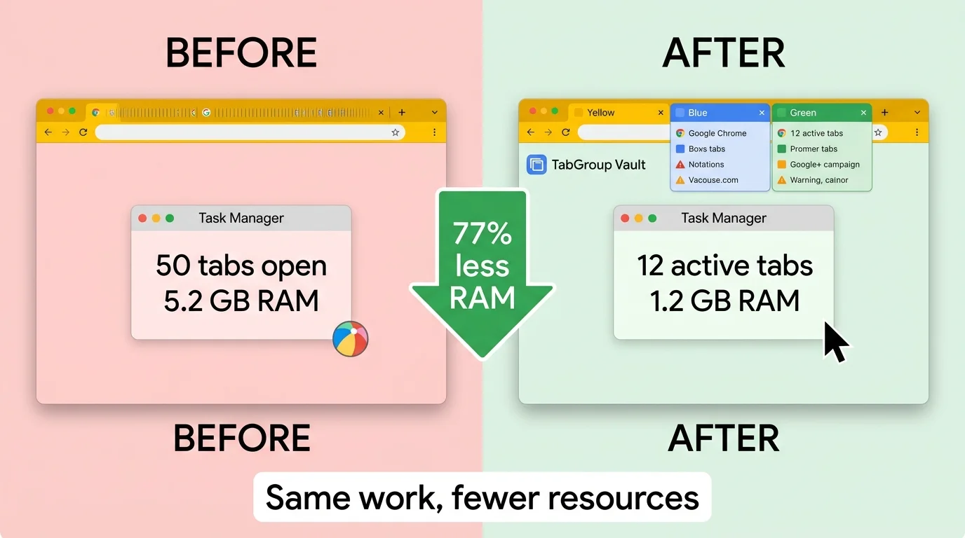 Split-screen showing Chrome Task Manager before optimization (50 tabs, 5 GB RAM) and after (12 active tabs, 1.2 GB RAM)