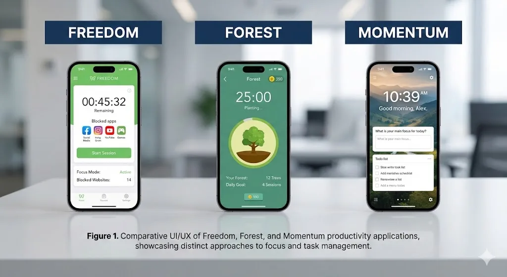 Productivity stack: Pomodoro timer, task manager, focus mode